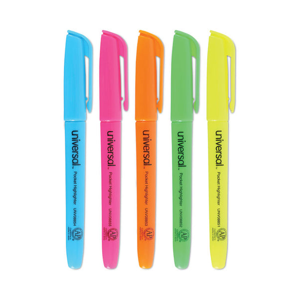 Universal™ Pocket Highlighters, Assorted Ink Colors, Chisel Tip, Assorted Barrel Colors, 5/Set (UNV08850)