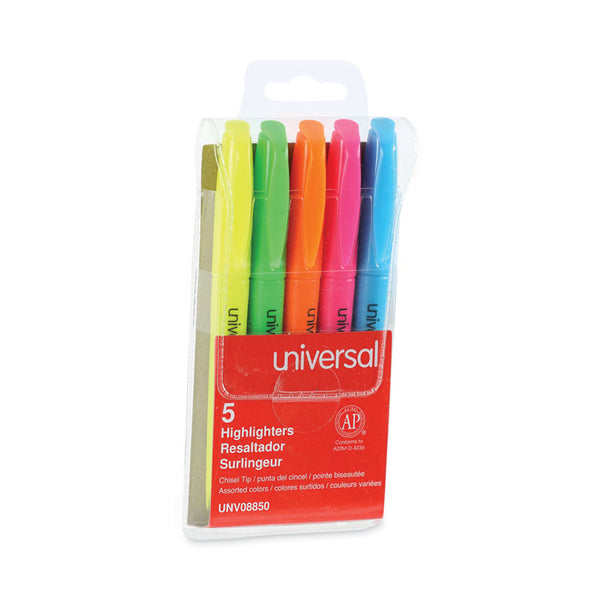 Universal™ Pocket Highlighters, Assorted Ink Colors, Chisel Tip, Assorted Barrel Colors, 5/Set (UNV08850)