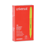 Universal™ Pocket Highlighters, Fluorescent Yellow Ink, Chisel Tip, Yellow Barrel, Dozen (UNV08851)