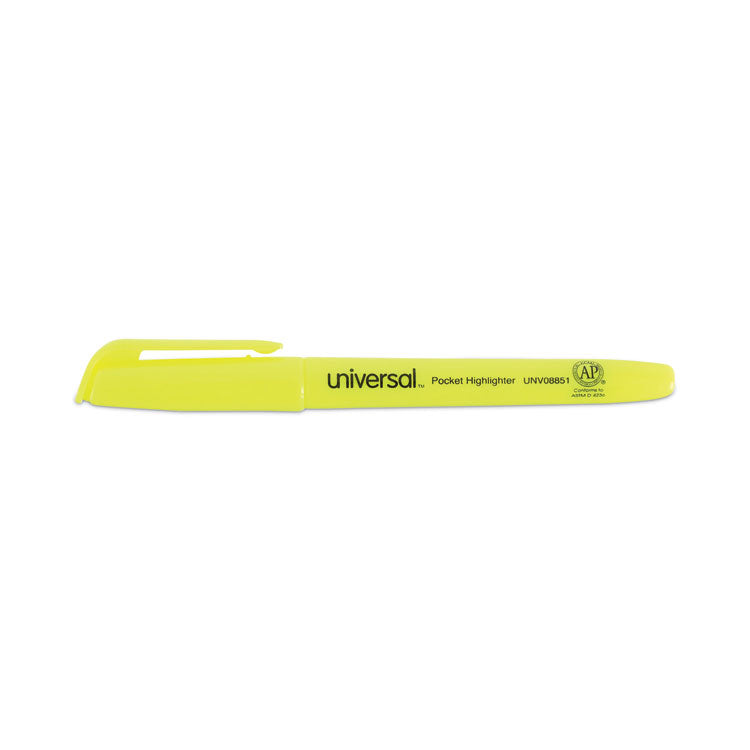 Universal™ Pocket Highlighters, Fluorescent Yellow Ink, Chisel Tip, Yellow Barrel, Dozen (UNV08851)