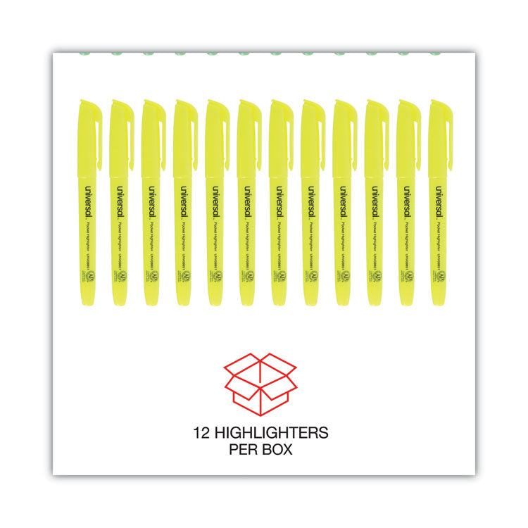 Universal™ Pocket Highlighters, Fluorescent Yellow Ink, Chisel Tip, Yellow Barrel, Dozen (UNV08851)