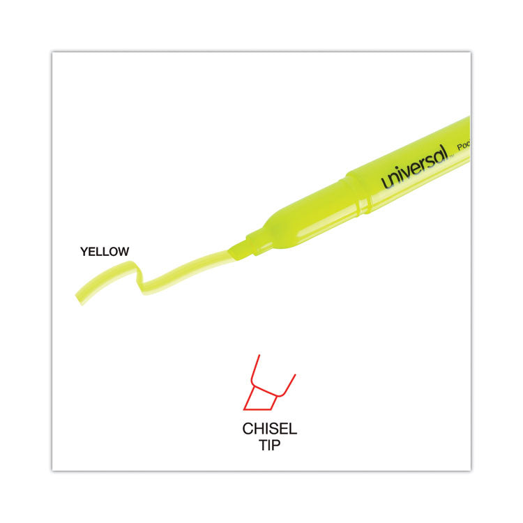 Universal™ Pocket Highlighters, Fluorescent Yellow Ink, Chisel Tip, Yellow Barrel, Dozen (UNV08851)