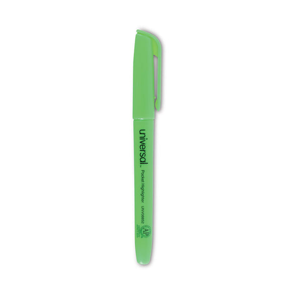 Universal™ Pocket Highlighters, Fluorescent Green Ink, Chisel Tip, Green Barrel, Dozen (UNV08852)