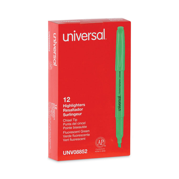 Universal™ Pocket Highlighters, Fluorescent Green Ink, Chisel Tip, Green Barrel, Dozen (UNV08852)