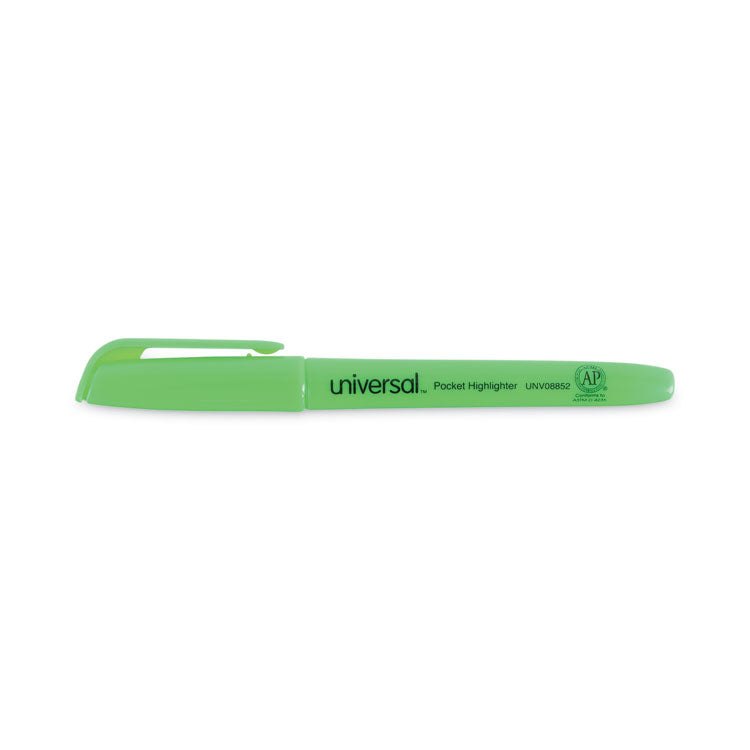 Universal™ Pocket Highlighters, Fluorescent Green Ink, Chisel Tip, Green Barrel, Dozen (UNV08852)