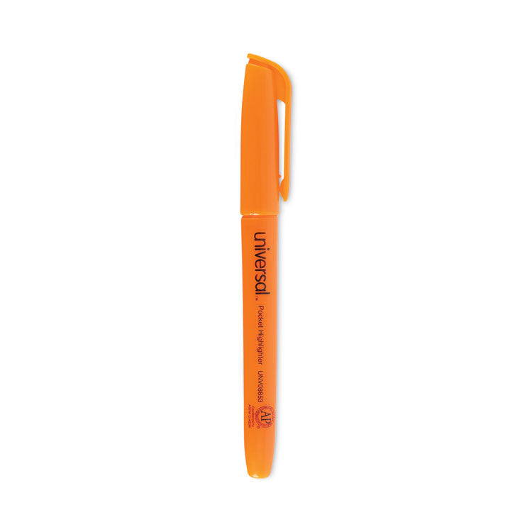 Universal™ Pocket Highlighters, Fluorescent Orange Ink, Chisel Tip, Orange Barrel, Dozen (UNV08853) Case of 12