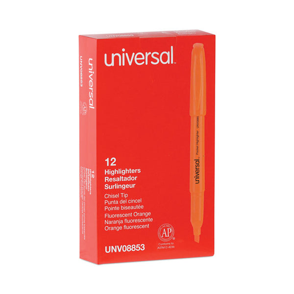 Universal™ Pocket Highlighters, Fluorescent Orange Ink, Chisel Tip, Orange Barrel, Dozen (UNV08853)