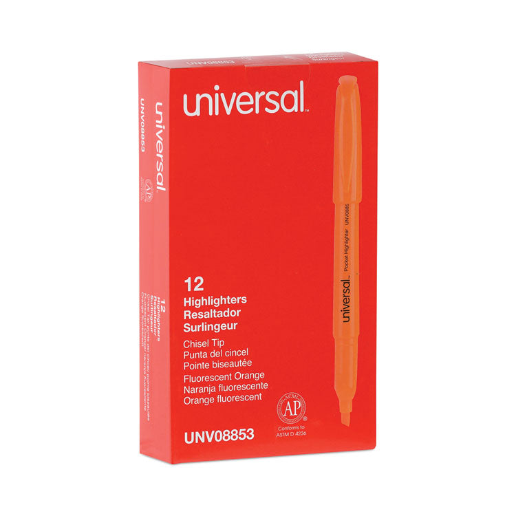 Universal™ Pocket Highlighters, Fluorescent Orange Ink, Chisel Tip, Orange Barrel, Dozen (UNV08853) Case of 12