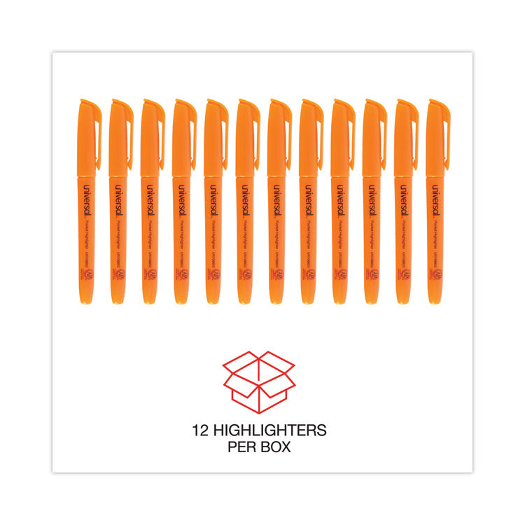 Universal™ Pocket Highlighters, Fluorescent Orange Ink, Chisel Tip, Orange Barrel, Dozen (UNV08853) Case of 12