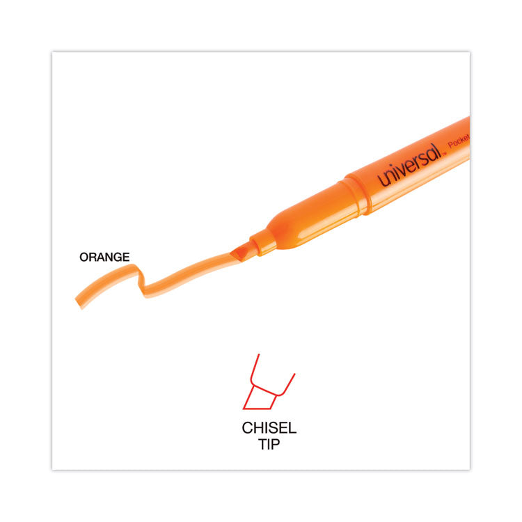Universal™ Pocket Highlighters, Fluorescent Orange Ink, Chisel Tip, Orange Barrel, Dozen (UNV08853) Case of 12