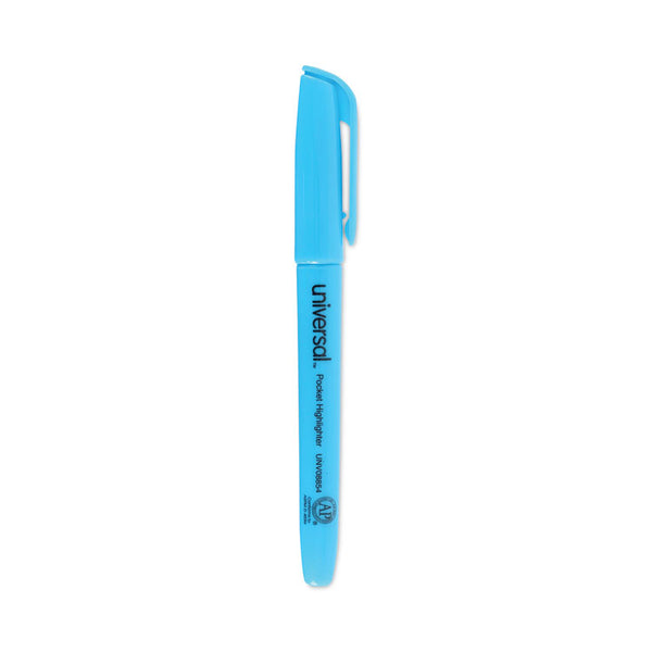 Universal™ Pocket Highlighters, Fluorescent Blue Ink, Chisel Tip, Blue Barrel, Dozen (UNV08854)