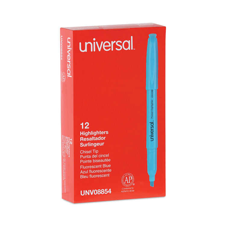 Universal™ Pocket Highlighters, Fluorescent Blue Ink, Chisel Tip, Blue Barrel, Dozen (UNV08854) Case of 12