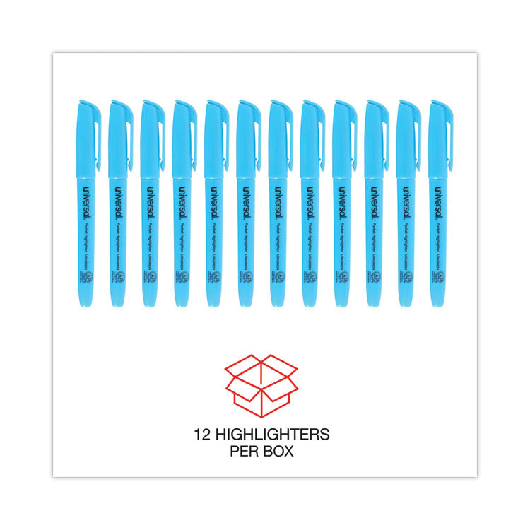 Universal™ Pocket Highlighters, Fluorescent Blue Ink, Chisel Tip, Blue Barrel, Dozen (UNV08854) Case of 12