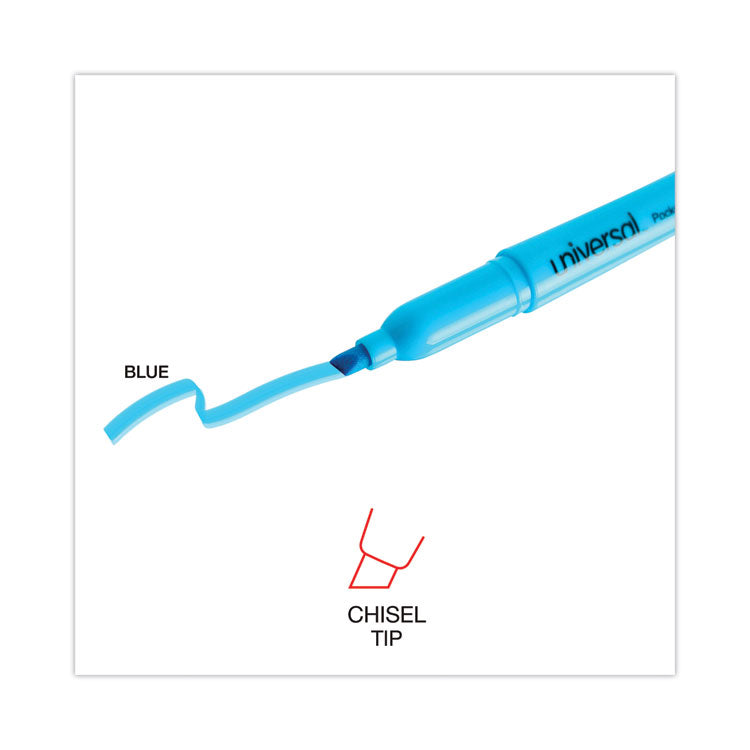 Universal™ Pocket Highlighters, Fluorescent Blue Ink, Chisel Tip, Blue Barrel, Dozen (UNV08854) Case of 12