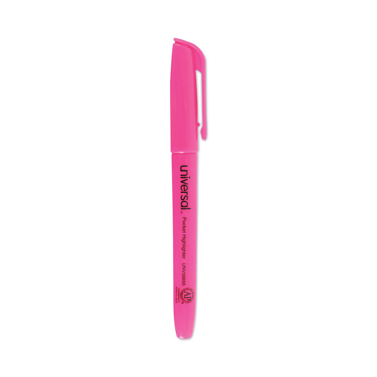 Universal™ Pocket Highlighters, Fluorescent Pink Ink, Chisel Tip, Pink Barrel, Dozen (UNV08855)