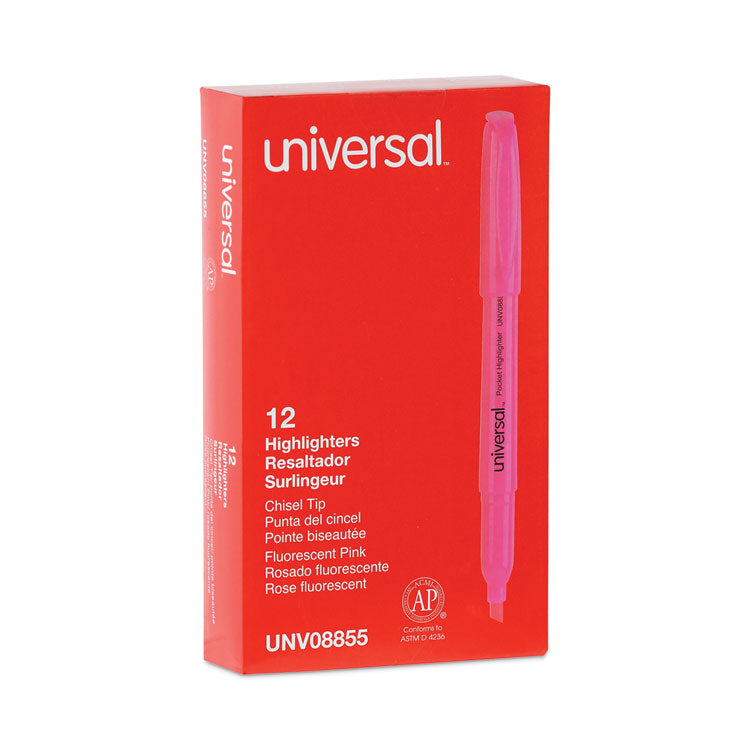 Universal™ Pocket Highlighters, Fluorescent Pink Ink, Chisel Tip, Pink Barrel, Dozen (UNV08855)