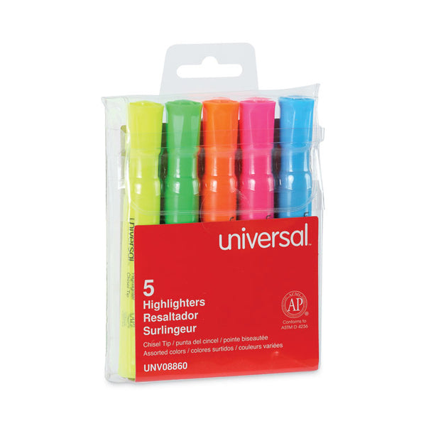 Universal™ Desk Highlighters, Assorted Ink Colors, Chisel Tip, Assorted Barrel Colors, 5/Set (UNV08860)
