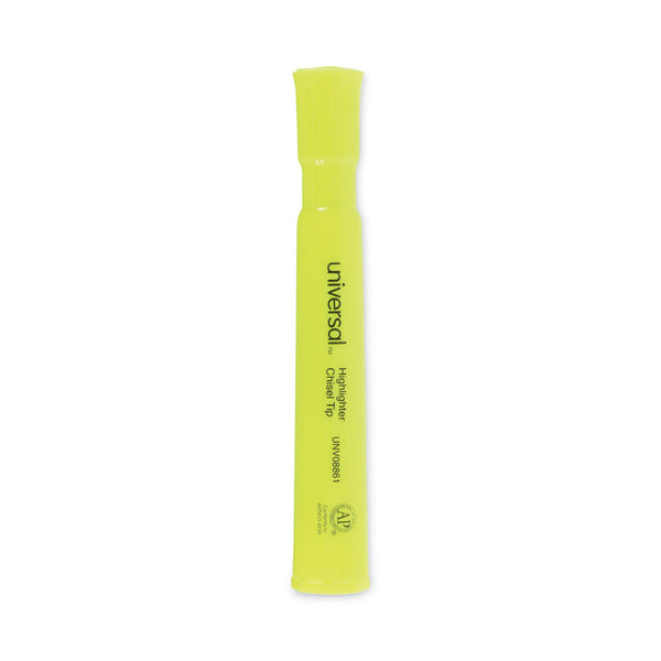 Universal™ Desk Highlighters, Fluorescent Yellow Ink, Chisel Tip, Yellow Barrel, Dozen (UNV08861)