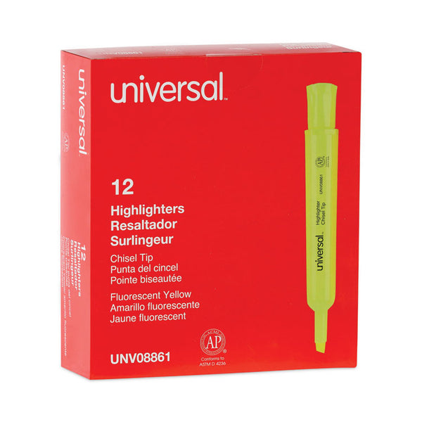 Universal™ Desk Highlighters, Fluorescent Yellow Ink, Chisel Tip, Yellow Barrel, Dozen (UNV08861)