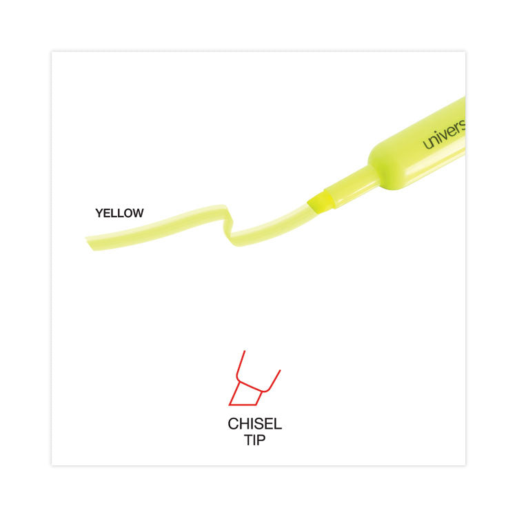 Universal™ Desk Highlighters, Fluorescent Yellow Ink, Chisel Tip, Yellow Barrel, Dozen (UNV08861) Case of 12