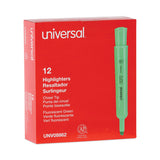 Universal™ Desk Highlighters, Fluorescent Green Ink, Chisel Tip, Green Barrel, Dozen (UNV08862)