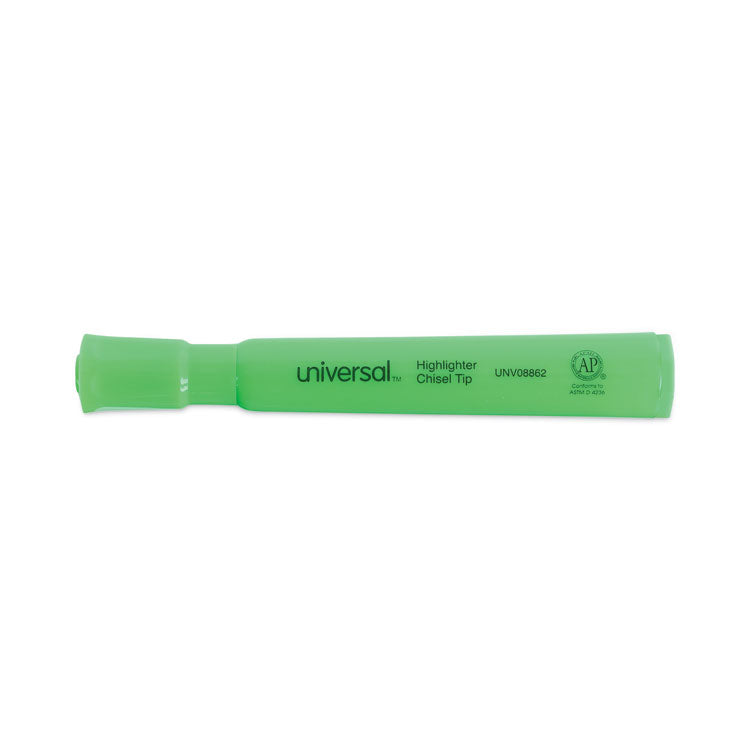 Universal™ Desk Highlighters, Fluorescent Green Ink, Chisel Tip, Green Barrel, Dozen (UNV08862)