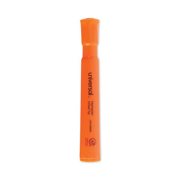 Universal™ Desk Highlighters, Fluorescent Orange Ink, Chisel Tip, Orange Barrel, Dozen (UNV08863)