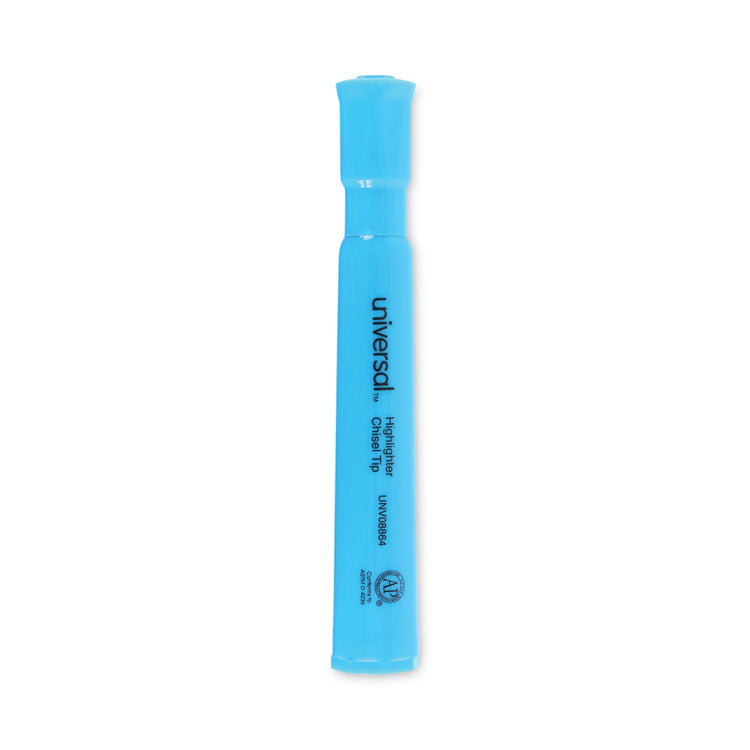 Universal™ Desk Highlighters, Fluorescent Blue Ink, Chisel Tip, Blue Barrel, Dozen (UNV08864)