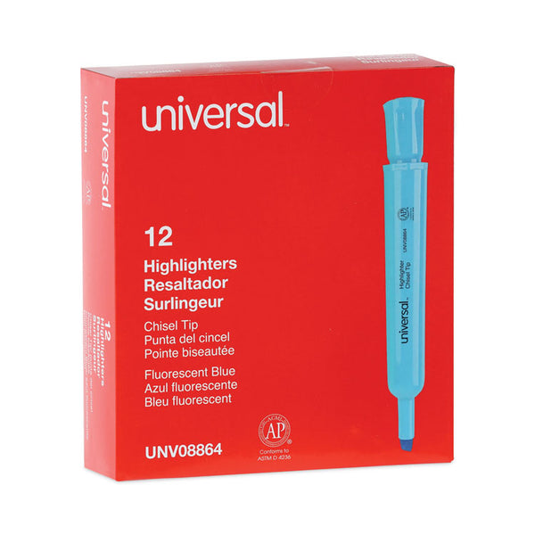 Universal™ Desk Highlighters, Fluorescent Blue Ink, Chisel Tip, Blue Barrel, Dozen (UNV08864)
