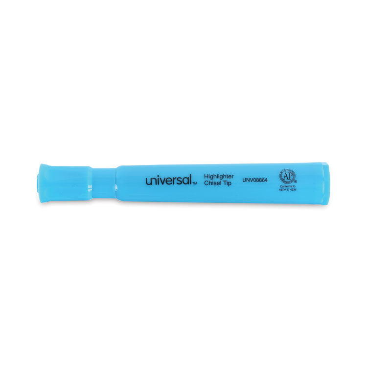 Universal™ Desk Highlighters, Fluorescent Blue Ink, Chisel Tip, Blue Barrel, Dozen (UNV08864)