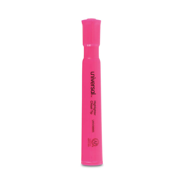 Universal™ Desk Highlighters, Fluorescent Pink Ink, Chisel Tip, Pink Barrel, Dozen (UNV08865)