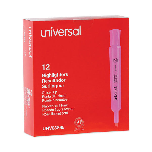 Universal™ Desk Highlighters, Fluorescent Pink Ink, Chisel Tip, Pink Barrel, Dozen (UNV08865)