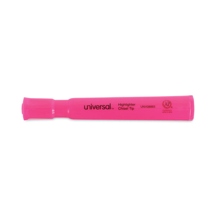 Universal™ Desk Highlighters, Fluorescent Pink Ink, Chisel Tip, Pink Barrel, Dozen (UNV08865) Case of 12