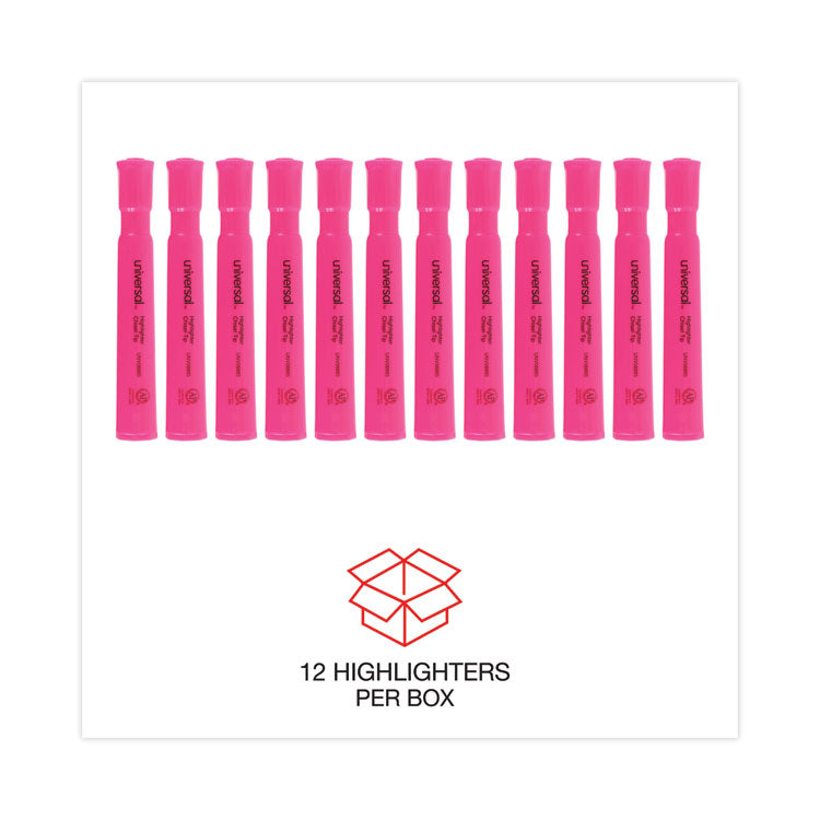 Universal™ Desk Highlighters, Fluorescent Pink Ink, Chisel Tip, Pink Barrel, Dozen (UNV08865) Case of 12