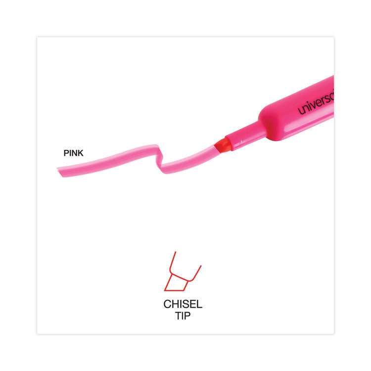 Universal™ Desk Highlighters, Fluorescent Pink Ink, Chisel Tip, Pink Barrel, Dozen (UNV08865) Case of 12
