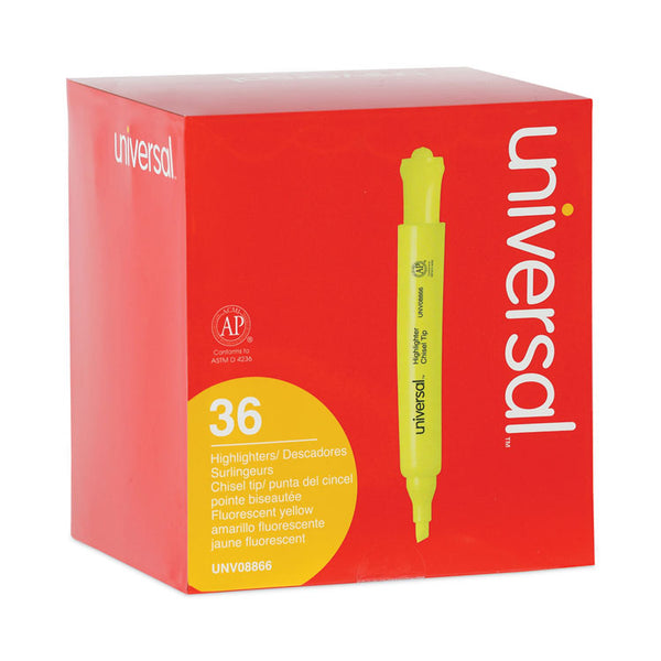 Universal™ Desk Highlighter Value Pack, Fluorescent Yellow Ink, Chisel Tip, Yellow Barrel, 36/Pack (UNV08866)