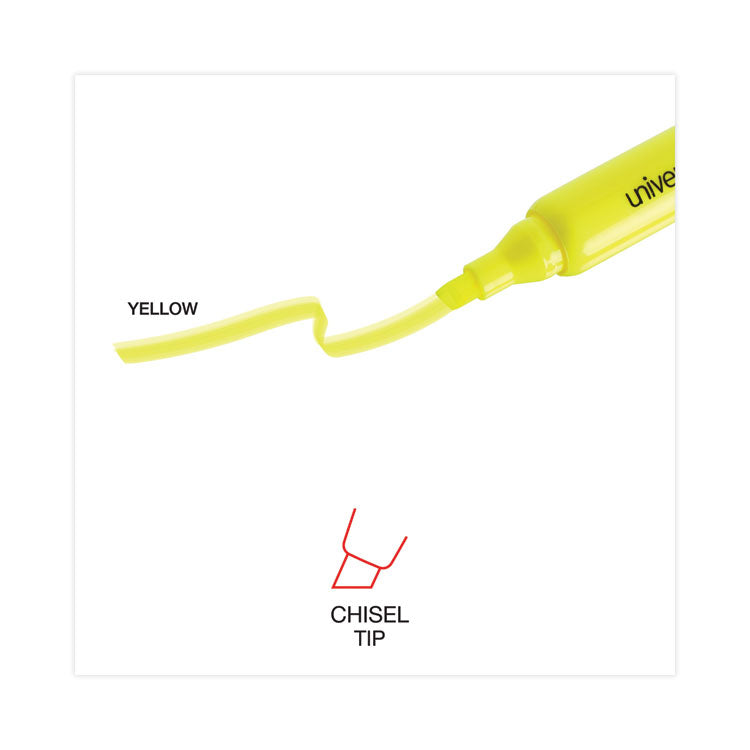 Universal™ Desk Highlighter Value Pack, Fluorescent Yellow Ink, Chisel Tip, Yellow Barrel, 36/Pack (UNV08866)