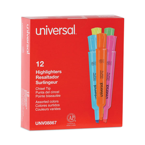Universal™ Desk Highlighters, Assorted Ink Colors, Chisel Tip, Assorted Barrel Colors, Dozen (UNV08867)