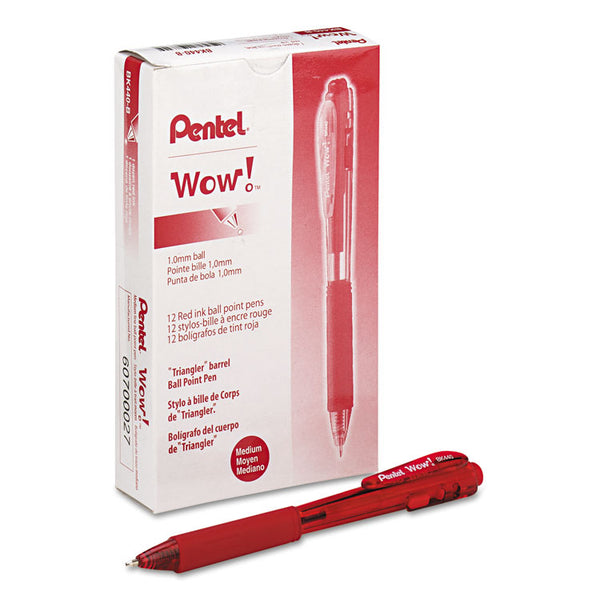 Pentel® WOW! Ballpoint Pen, Retractable, Medium 1 mm, Red Ink, Translucent Red/Red Barrel, Dozen (PENBK440B) Box of 12