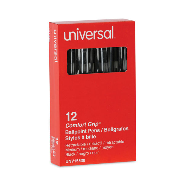Universal™ Comfort Grip Ballpoint Pen, Retractable, Medium 1 mm, Black Ink, Clear/Black Barrel, Dozen (UNV15530)