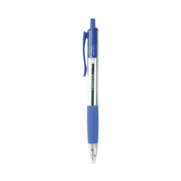 Universal™ Comfort Grip Ballpoint Pen, Retractable, Medium 1 mm, Blue Ink, Clear/Blue Barrel, Dozen (UNV15531)