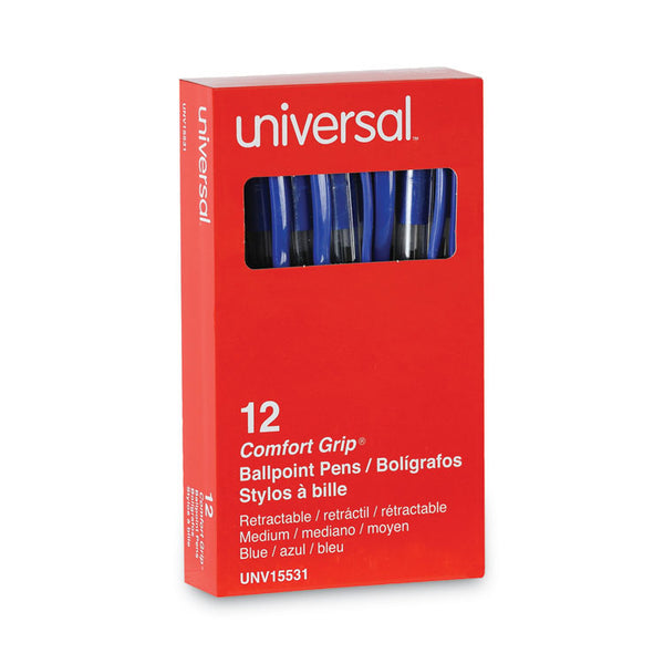 Universal™ Comfort Grip Ballpoint Pen, Retractable, Medium 1 mm, Blue Ink, Clear/Blue Barrel, Dozen (UNV15531)