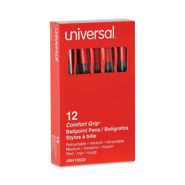 Universal™ Comfort Grip Ballpoint Pen, Retractable, Medium 1 mm, Red Ink, Clear/Red Barrel, Dozen (UNV15532)