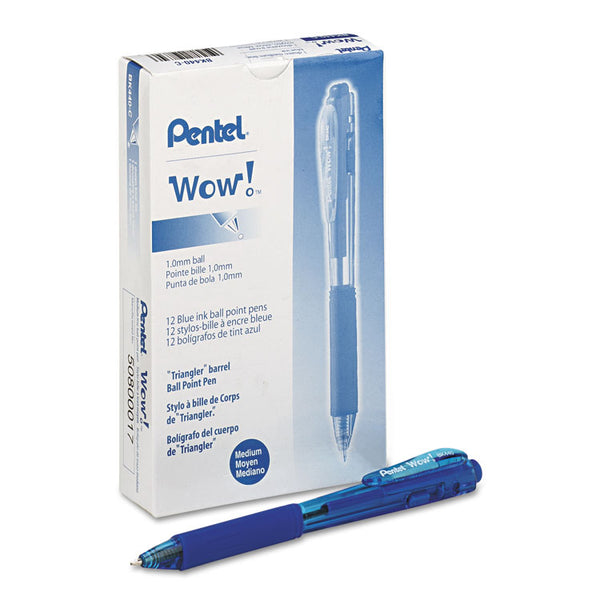 Pentel® WOW! Ballpoint Pen, Retractable, Medium 1 mm, Blue Ink, Translucent Blue/Blue Barrel, Dozen (PENBK440C) Box of 12