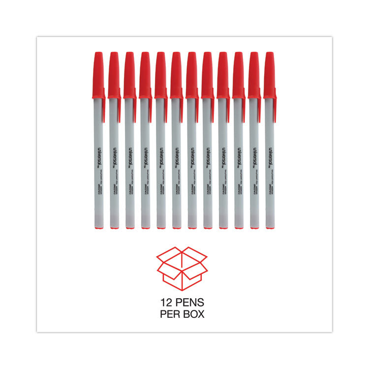 Universal™ Ballpoint Pen, Stick, Medium 1 mm, Red Ink, Gray/Red Barrel, Dozen (UNV27412)