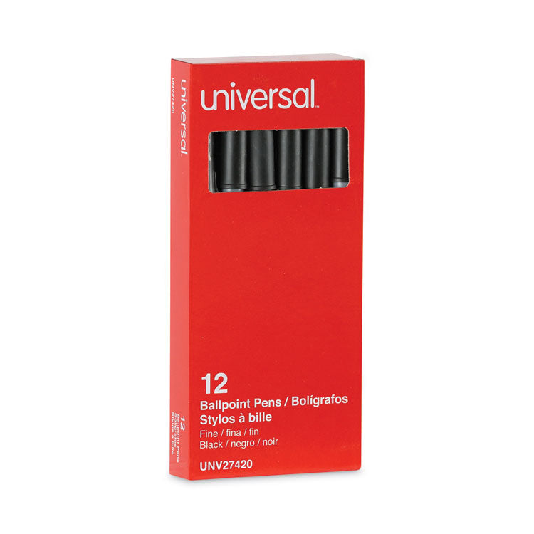 Universal™ Ballpoint Pen, Stick, Fine 0.7 mm, Black Ink, Gray/Black Barrel, Dozen (UNV27420)