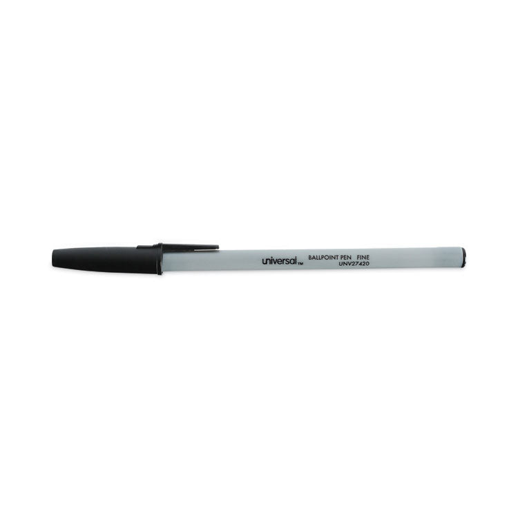 Universal™ Ballpoint Pen, Stick, Fine 0.7 mm, Black Ink, Gray/Black Barrel, Dozen (UNV27420)