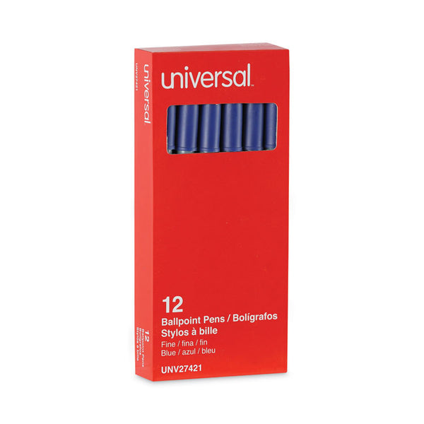 Universal™ Ballpoint Pen, Stick, Fine 0.7 mm, Blue Ink, Gray/Blue Barrel, Dozen (UNV27421)