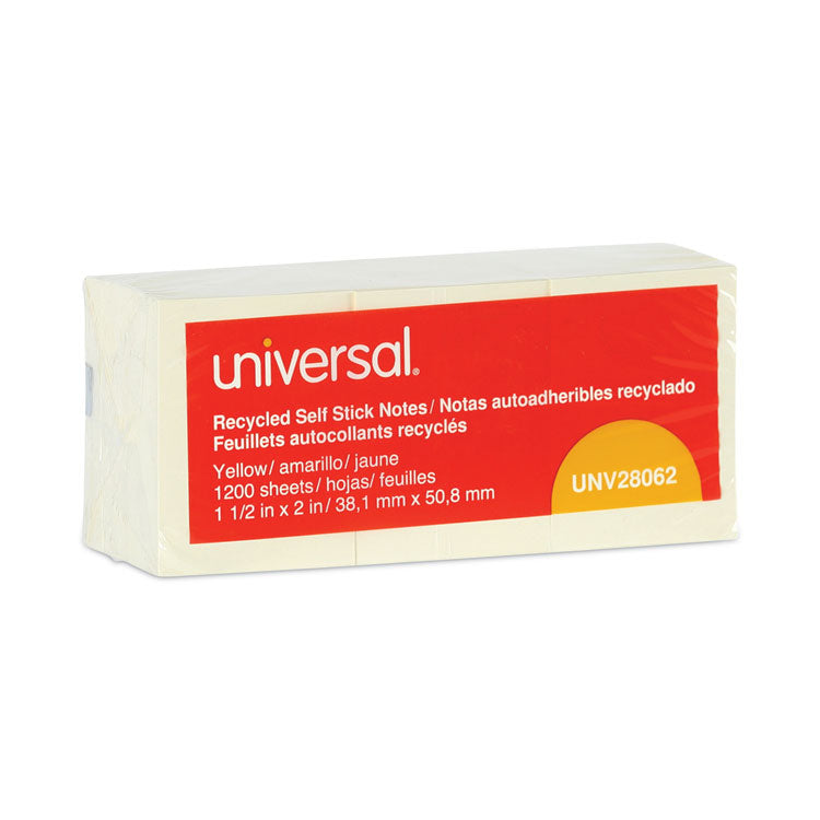 Universal® Recycled Self-Stick Note Pads, 1.5" x 2", Yellow, 100 Sheets/Pad, 12 Pads/Pack (UNV28062)