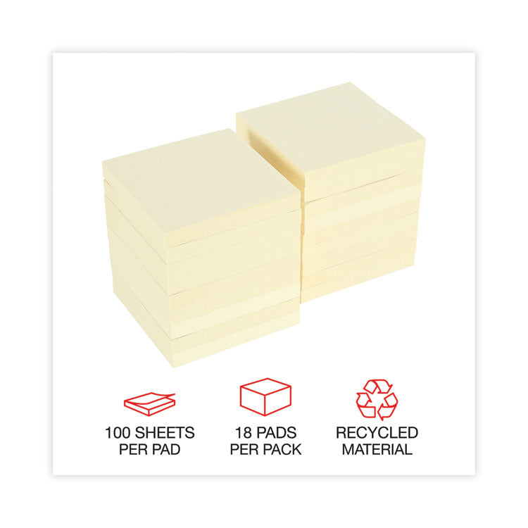 Universal® Recycled Self-Stick Note Pads, 3" x 3", Yellow, 100 Sheets/Pad, 18 Pads/Pack (UNV28068) Pack of 18